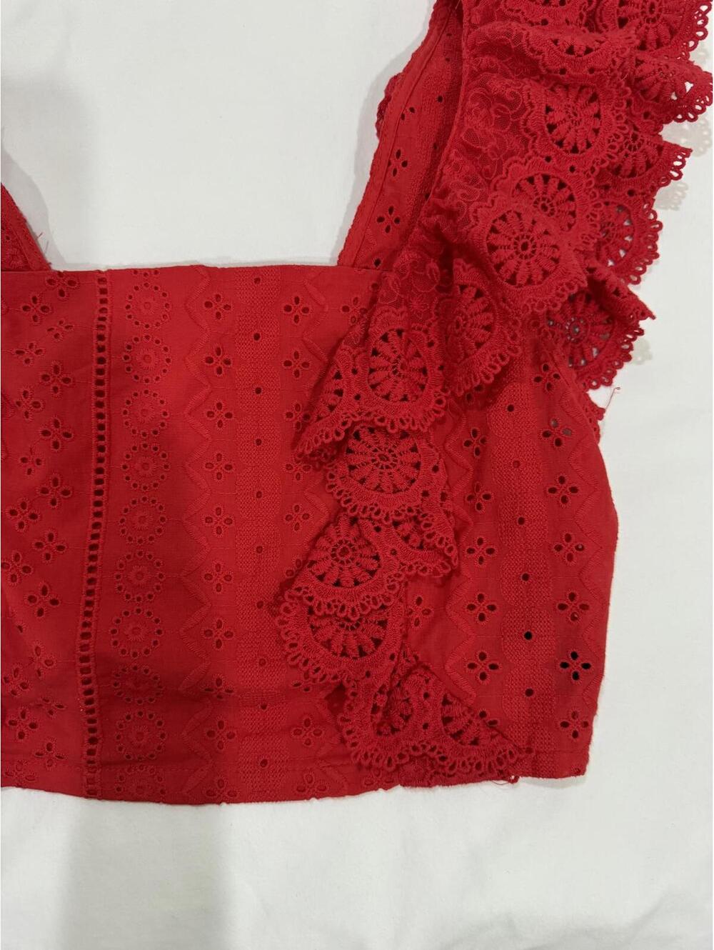 Altar'd State Red Eyelet Embroidered Coquette Cottagecore Ruffle Crop Top Medium - Picture 3 of 7